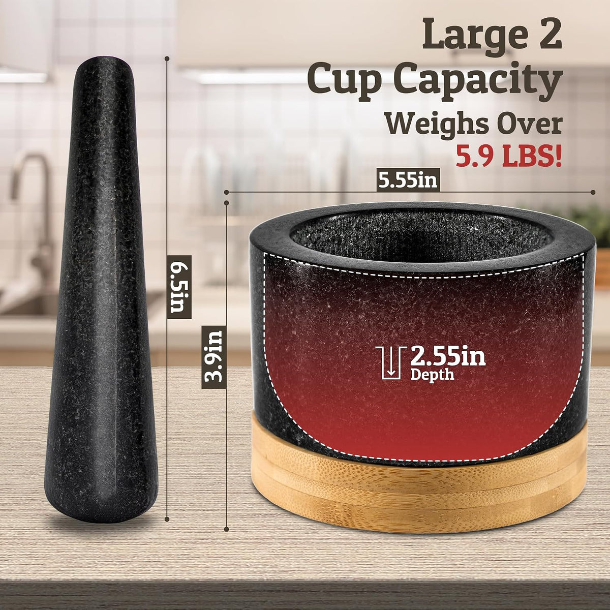PriorityChef Heavy Duty Mortar and Pestle Set with Bamboo Base, 100% Natural Granite Stone Grinder, Guacamole Bowl and Masher, 1.5 Cups, Black