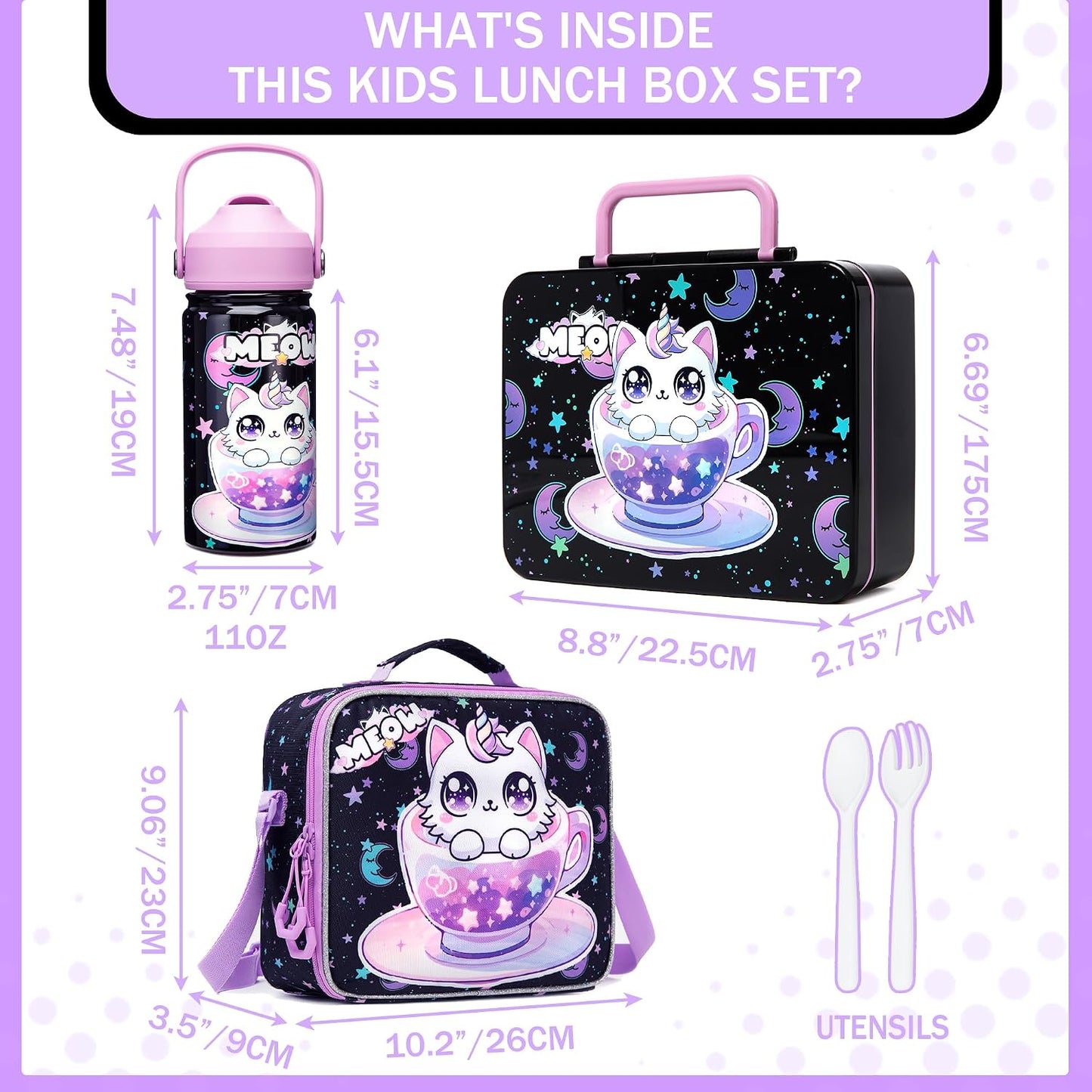 Kids Bento Lunch Box with 6 Compartments Girls Lunch Box with Lunch Bag,Stainless Steel Water Bottle,Ice Pack & Utensils Set,Birthday Gifts for Ages 3-12 Back to School Toddler Girls