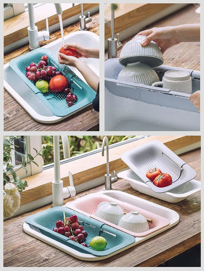 KesaPlan Collapsible Sink Colanders and Strainers Basket Over the Colander Extendable Plastic Fruit Vegetable Strainer Drainer for Kitchen(Length 14.3-19.4 inch)(Gray Set of 2)