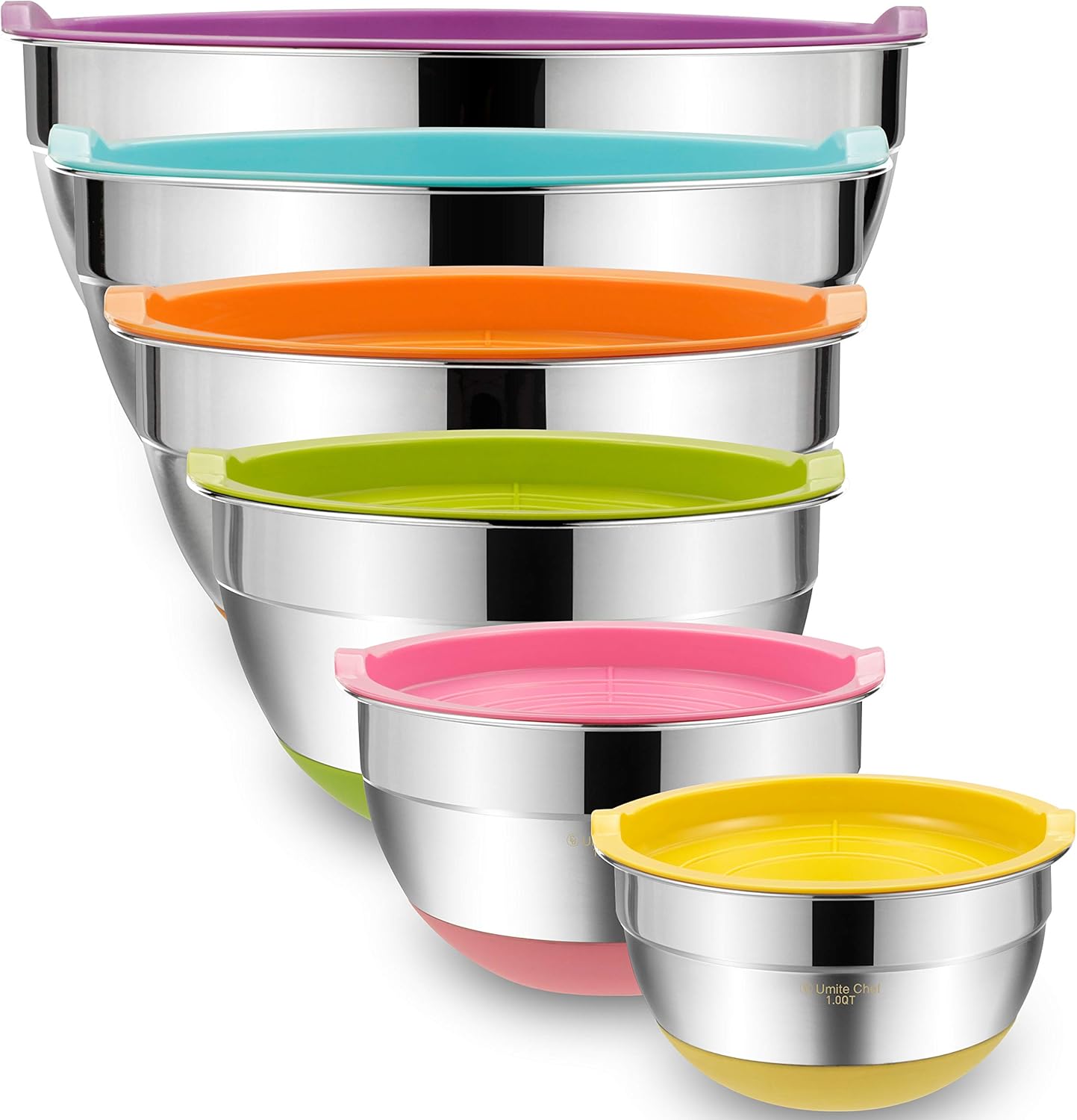 Umite Chef Mixing Bowls with Airtight Lids, 6 piece Stainless Steel Metal Nesting Storage Bowls, Non-Slip Bottoms Size 7, 3.5, 2.5, 2.0,1.5, 1QT, Great for Mixing & Serving (Khaki)