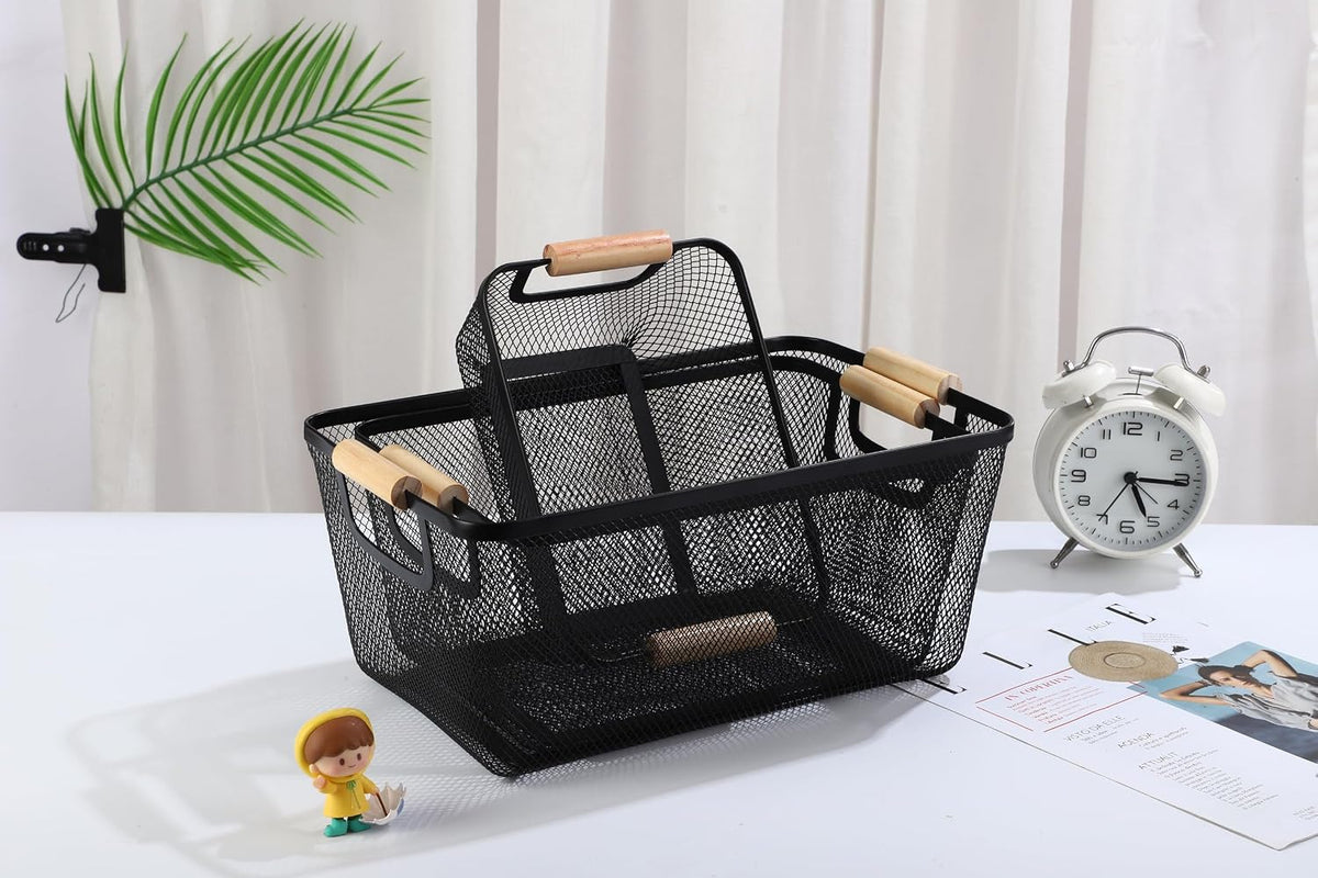 AJIODA Metal Mesh Steel Basket, Large Wire Storage Organizer Basket Multi-function Hanging Kitchen Baskets with Wood Handle for Kitchen Bathroom Picnic Home, Rectangle-Off White
