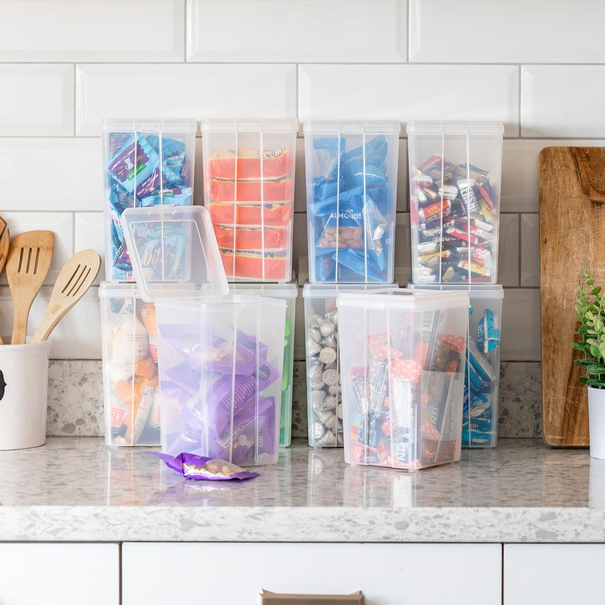IRIS USA Vertical Storage Bins with Lids |Made in USA| Flip Top Containers for Organizing Pantry, Office, Craft, and Study Supplies - Small (10-Pack)