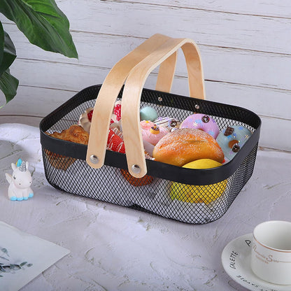 AJIODA Metal Mesh Steel Basket, Storage Organizer Basket Garden Harvest Basket Multi-functional Kitchen Fruit Baskets Bin with Wooden Handle for Bathroom Picnic Shopping Decor Cabinet Home, Pink