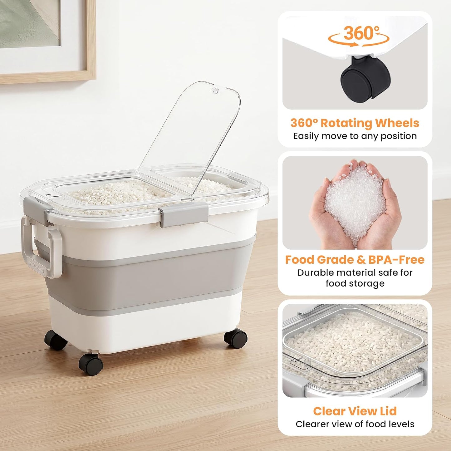 30 Lbs Rice Storage Container with Wheels, Collapsible Airtight Dog Food Storage Container with Transparent Lid, Measuring Cup, Scoop, Handle, BPA Free Rice Holder for Pet Food, Grain, Bird Seed