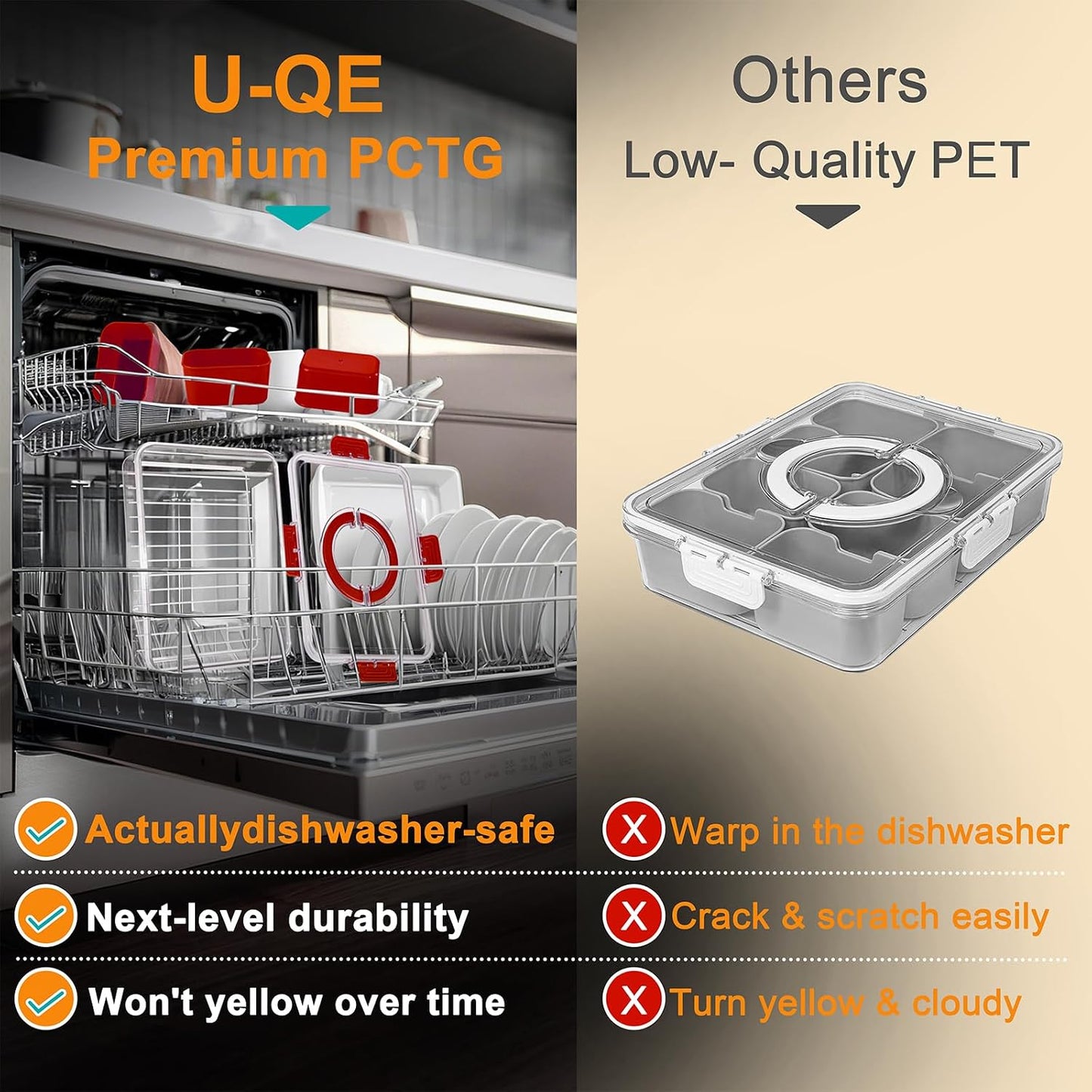 U-QE Dishwasher Safe Snackle Box Container with 8 Small Snacks Box - Premium Ivory Plastic Divided Serving Tray with Lid and Handle for Snack, Veggie, Fruits, Perfect for Party, Picnic, Entertaining