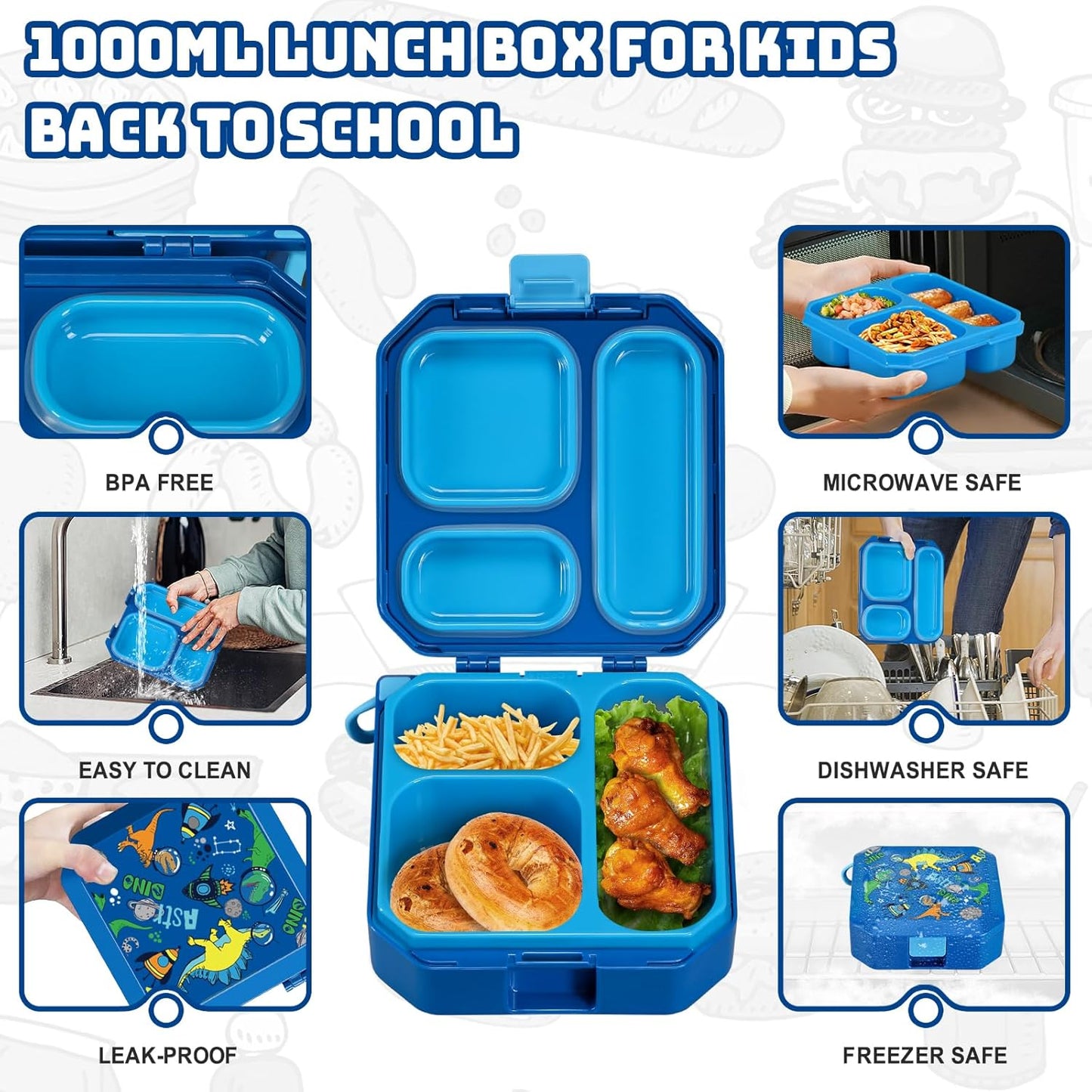 Itslife Bento Lunch Box Set for Kids with 12oz Soup Thermo&Lunch Bag, Leak-Proof Lunch Food Containers for Kids School, 5 Compartment, Sauce Cup, 10 Notes (Dinosaurs Black)