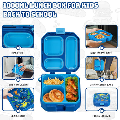 Itslife Bento Lunch Box Set for Kids with 12oz Soup Thermo&Lunch Bag, Leak-Proof Lunch Food Containers for Kids School, 5 Compartment, Sauce Cup, 10 Notes (Dinosaurs Black)