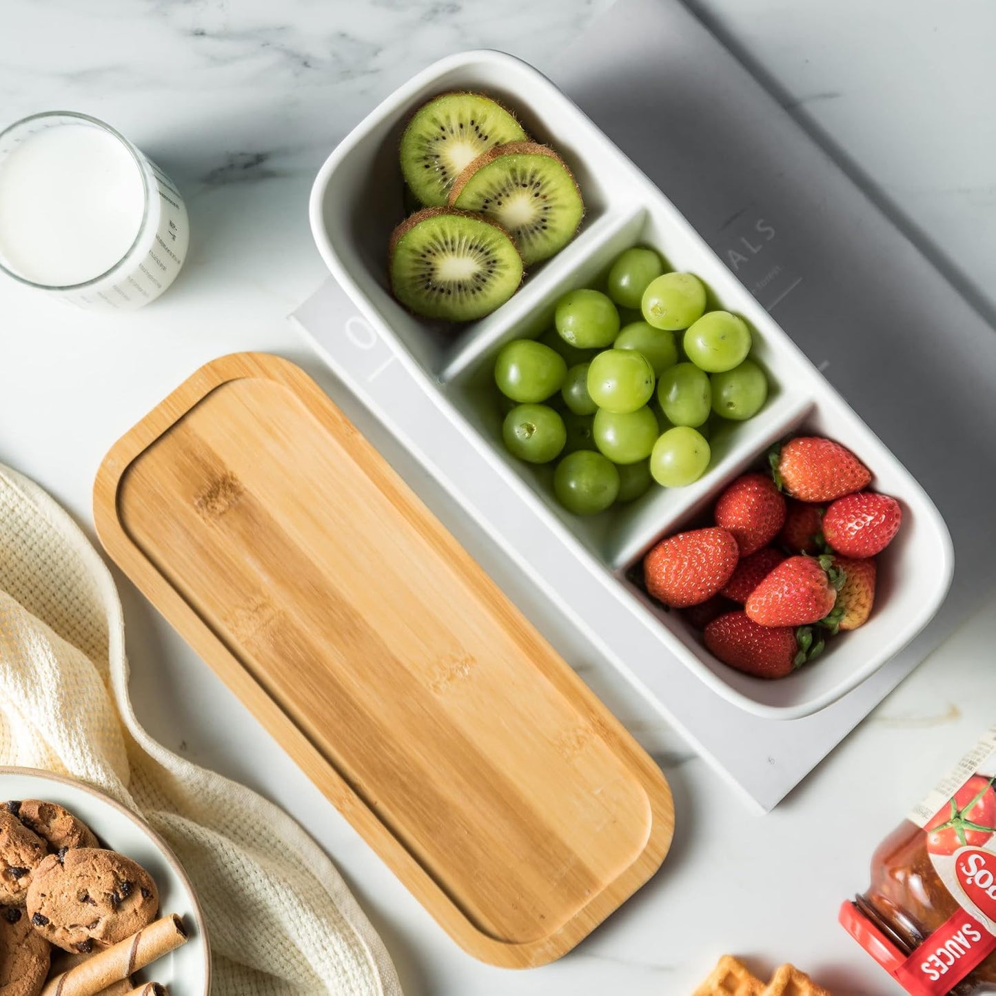 Miamolo 3 Compartment Condiment Tray, Chip and Dip Bowl with Wooden Serving Tray, Perfect for Snacks, Appetizers, Charcuterie, Chips, Candy, 10-inch Chip and Dip Serving Set for Parties
