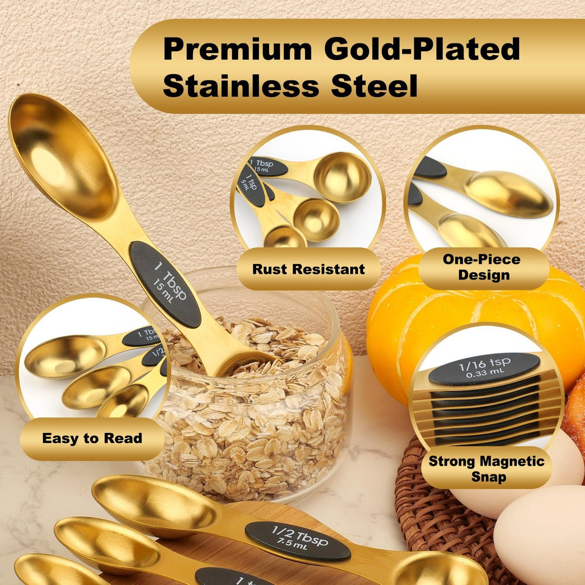 Magnetic Measuring Spoons Set Stainless Steel with Leveler, Dual-Sided Metal Measuring Spoons for Baking & Cooking, Fits in Spice Jars, Must-have Kitchen Gadgets, 8 Measuring Spoons & 1 Leveler, Black