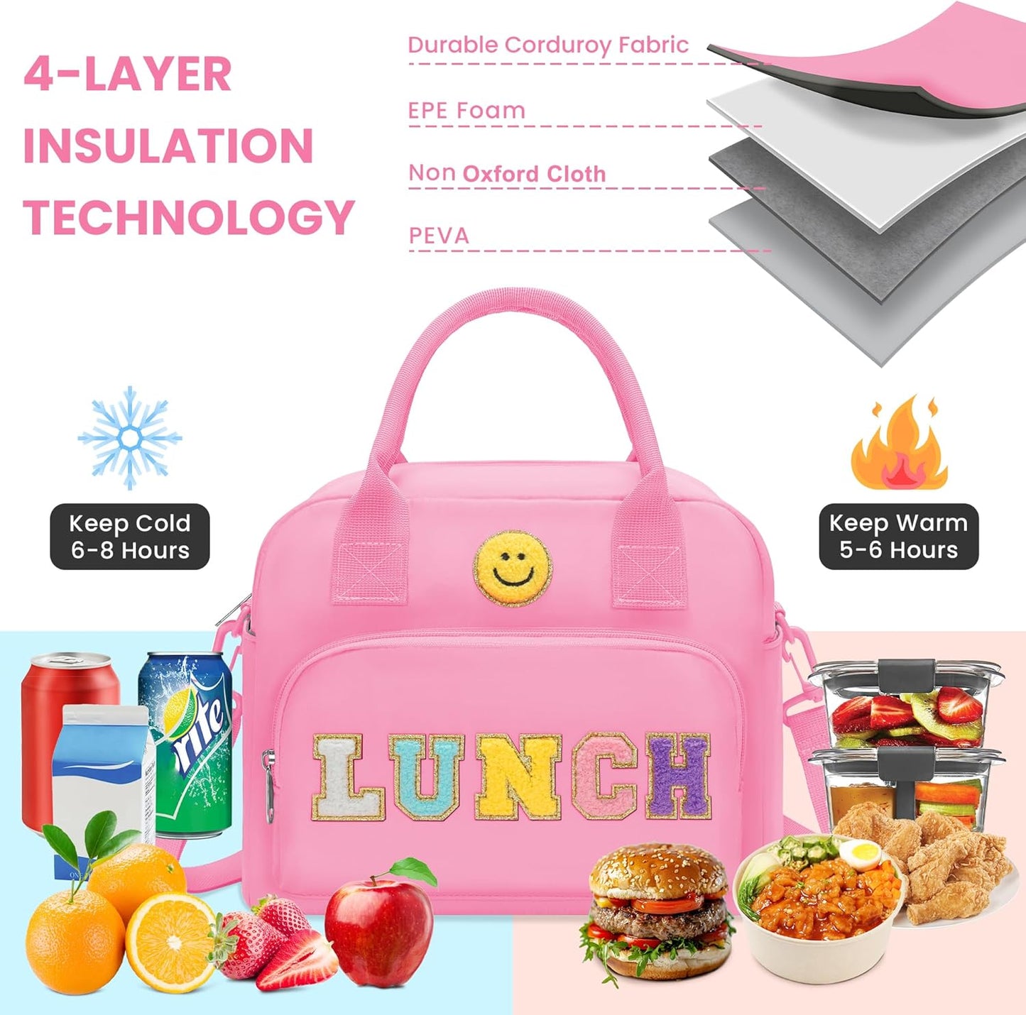 RLGPBON Insulated Lunch Bag Teen Girls, Preppy Lunch Box Large Insulated Lunch Bag Reusable Lunch Tote Bag, Preppy LunchBag for Girls School Travel Picnic