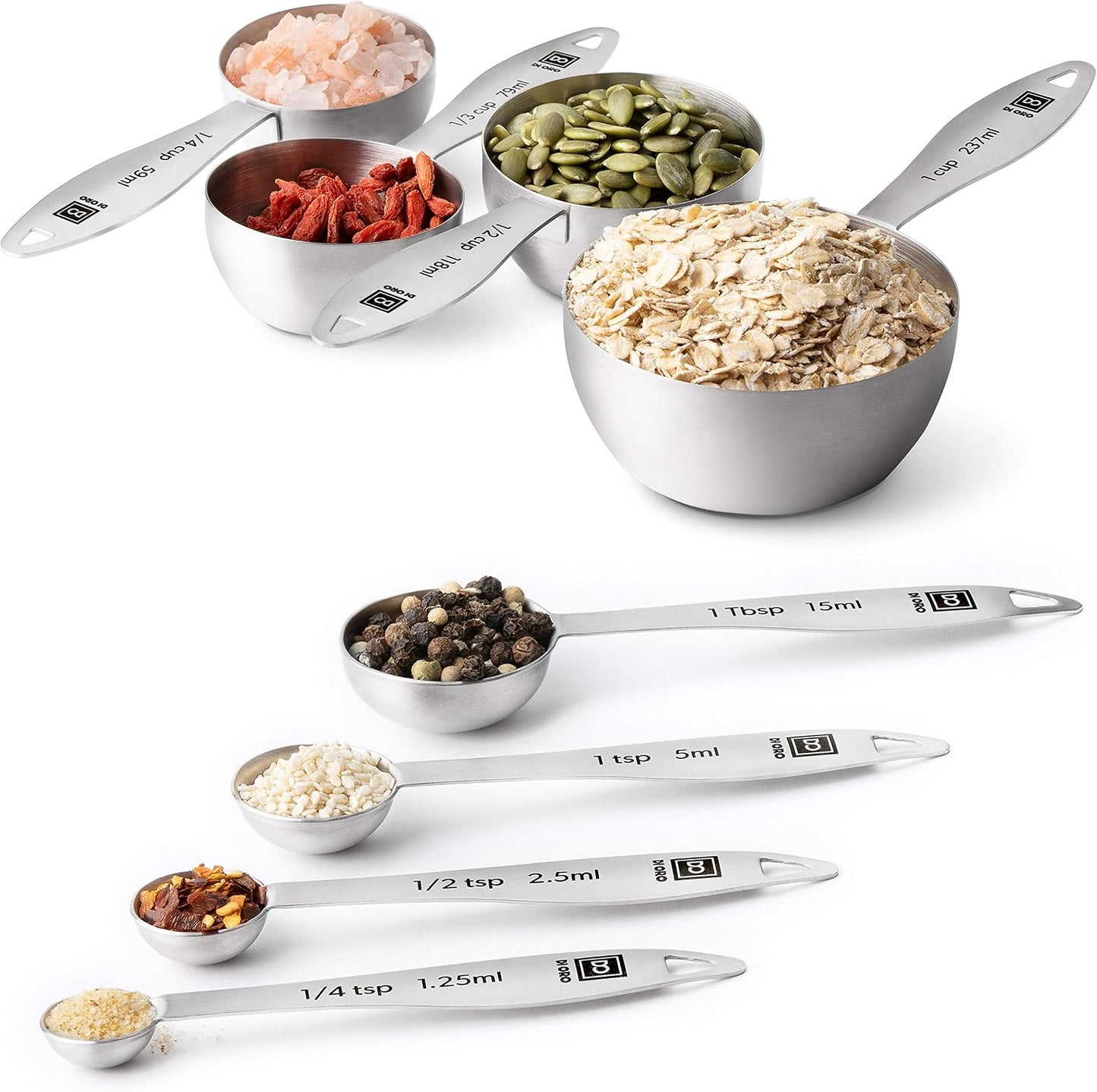 DI ORO Stainless Steel Measuring Cups & Spoons Set - 8-Piece Kitchen Set for Cooking & Baking - Food Grade Metal, Liquid Measuring, Dishwasher Safe