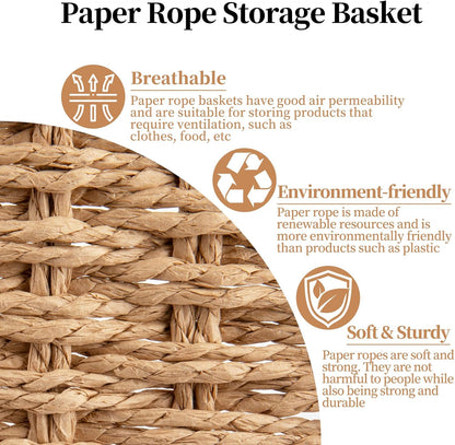 OIAHOMY Pantry Baskets for Organizing, Paper Rope Baskets with Built-in Handles, Wicker Storage Bins for Shelves, 2 Pack-Yellow