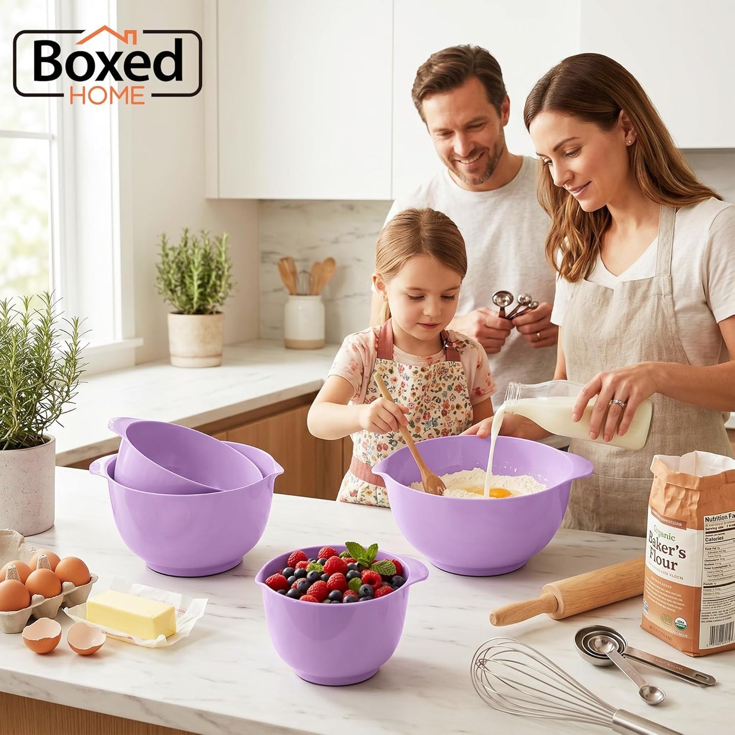 BoxedHome 4.5 Quart Large Plastic Mixing Bowls, Microwave Safe Mixing Bowl Set with Pour Spout, Nesting Bowls for Space Saving Storage(Violet Blue)