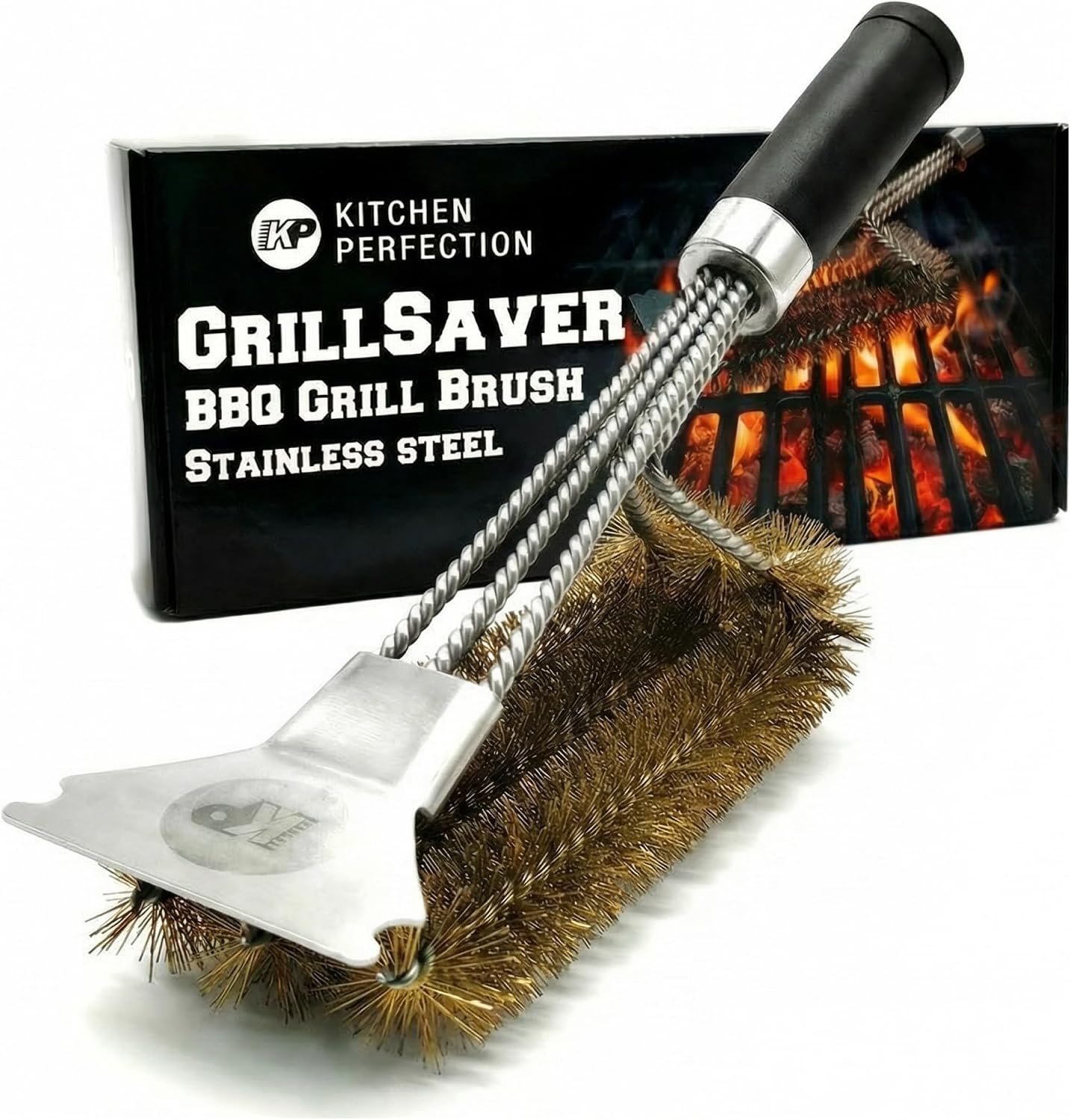 KITCHEN PERFECTION GrillSaver - Safe BBQ Grill Brush for Outdoor Grill with Replaceable Cleaning Head -Heavy-Duty Grill Cleaner with Scraper for All Grates +2 Bonuses -Best Grilling Gifts for Men