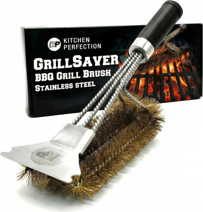 KITCHEN PERFECTION GrillSaver - Safe BBQ Grill Brush for Outdoor Grill with Replaceable Cleaning Head -Heavy-Duty Grill Cleaner with Scraper for All Grates +2 Bonuses -Best Grilling Gifts for Men