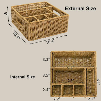 Wicker Utensil Caddy Basket with 6 Compartment, Hand-Woven | Cutlery Silverware Holder with Handle, Picnic Basket, Paper Plate Organizer for Party Camping Buffet