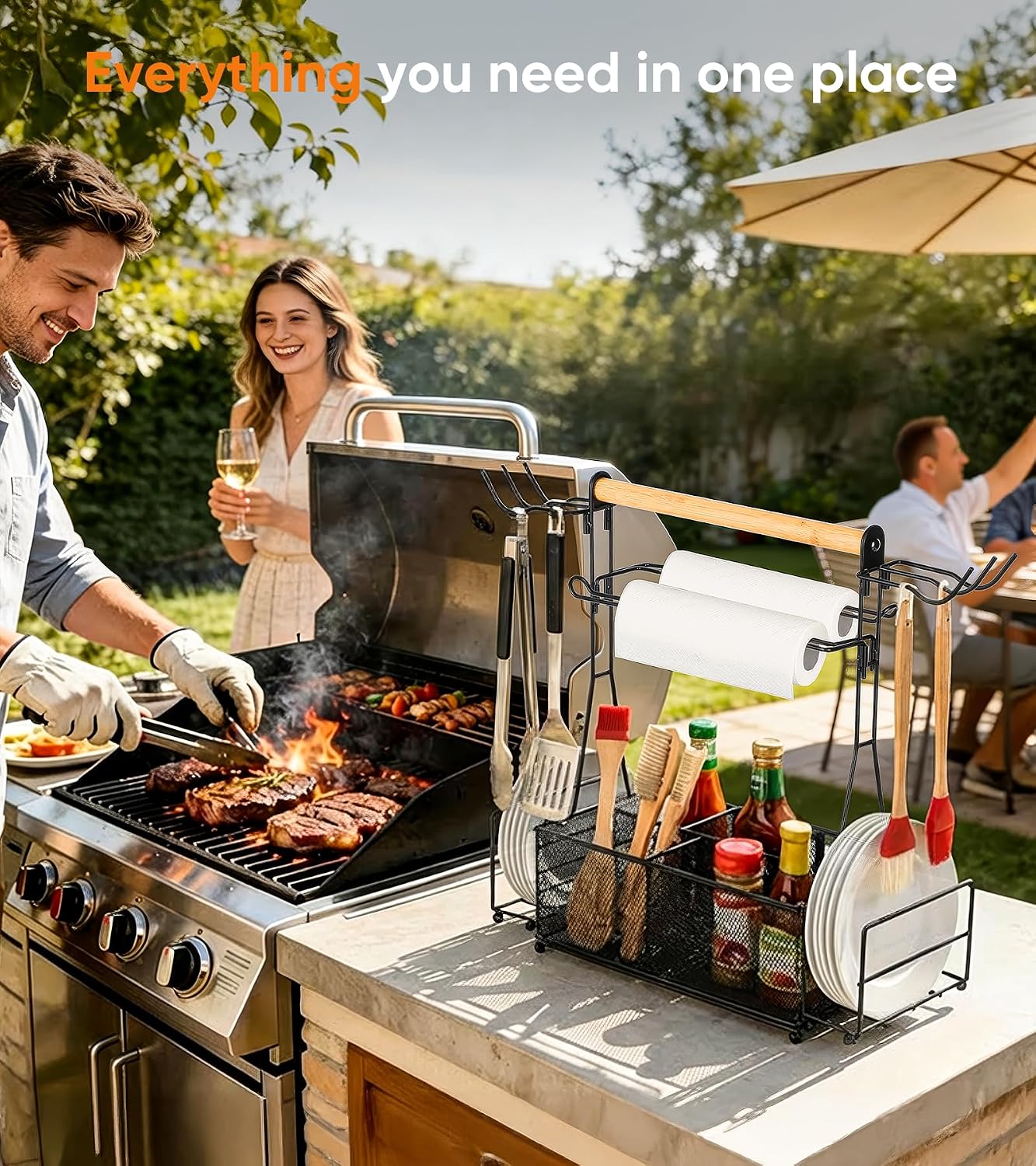 Grill Caddy Barbecue Tool Sets for Outdoor Grill, Picnic BBQ Caddy Picnic Utensil Condiment Organizer, BBQ Accessories Camping Gifts with Paper Towel Holders, Compartments & Hooks