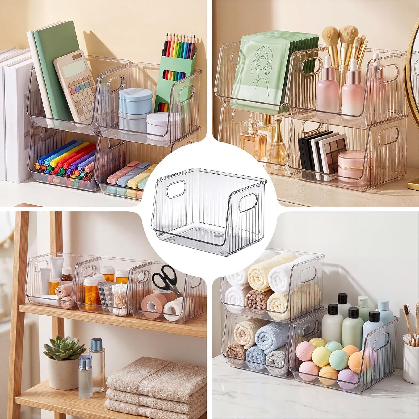 Novabright 4 Pcs Clear Plastic Storage Bins Stackable Pantry Storage Organizer Kitchen Cabinet Organizers Ideal Containers for Coffee Pod Tea Sugar Bag Office Fridge Caddy