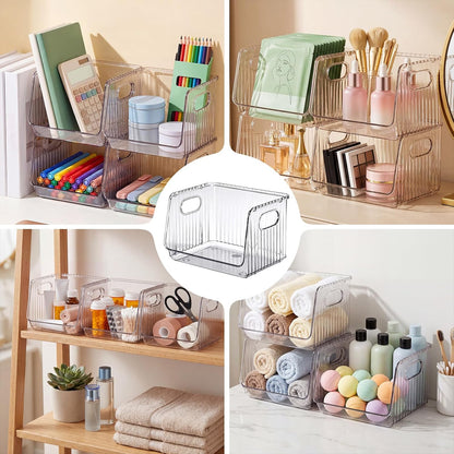 Novabright 4 Pcs Clear Plastic Storage Bins Stackable Pantry Storage Organizer Kitchen Cabinet Organizers Ideal Containers for Coffee Pod Tea Sugar Bag Office Fridge Caddy