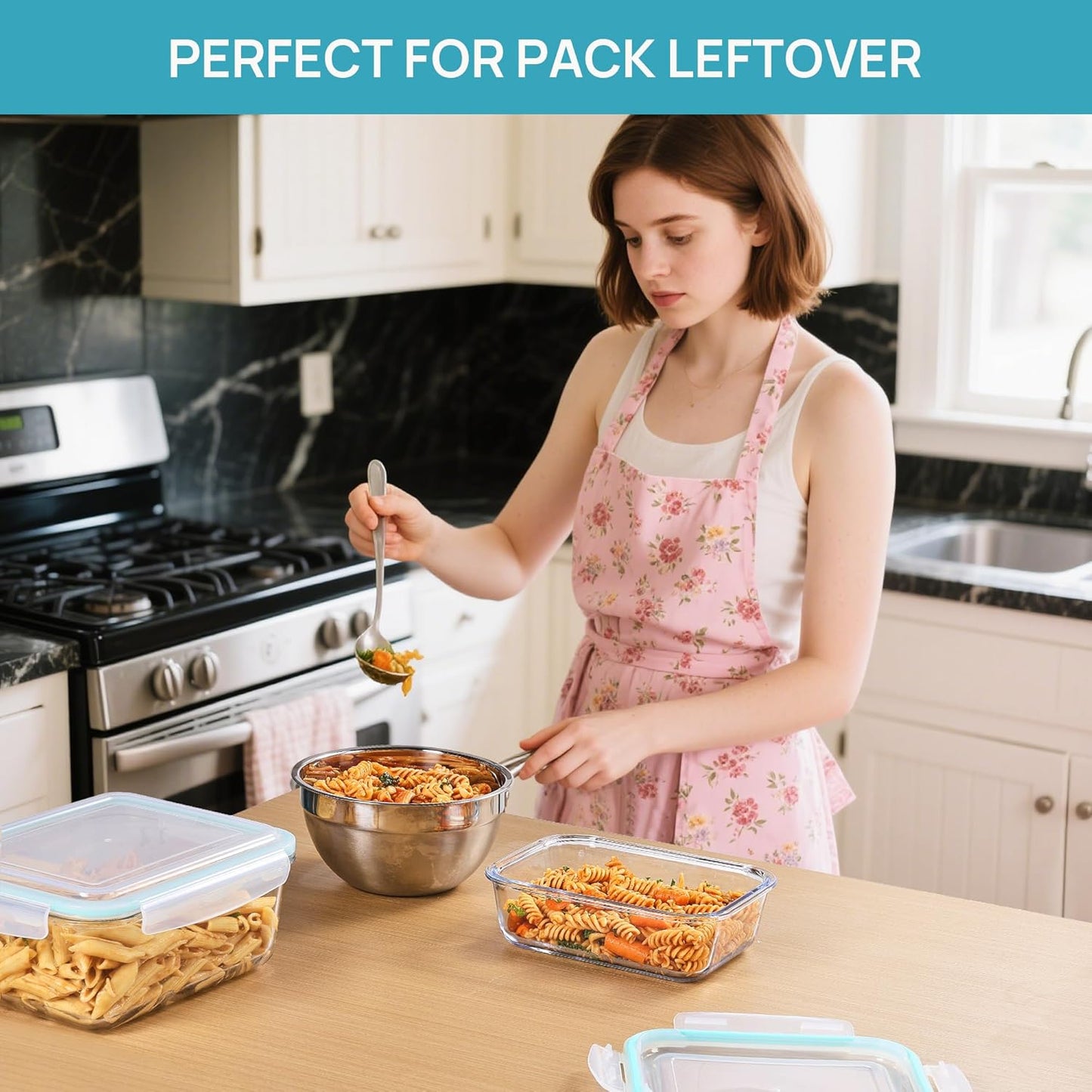 Vtopmart 2.26L/76oz Extra Large Glass Food Storage Containers with Lids, 6 pack Meal Prep Container Set, Airtight Lunch Boxes with Snap Locking Lids for Microwave, Oven, Freezer, Dishwasher