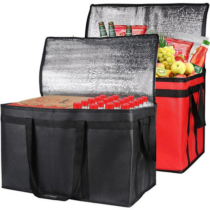 Bodaon 2-Pack Insulated Food Delivery Bag, XXX-Large Meal Grocery Tote Insulation Bag for Hot and cold Food, Commercial, Large Capacity Reusable Warming Bag, Heavy Duty Pizza Carrier, Black + Red