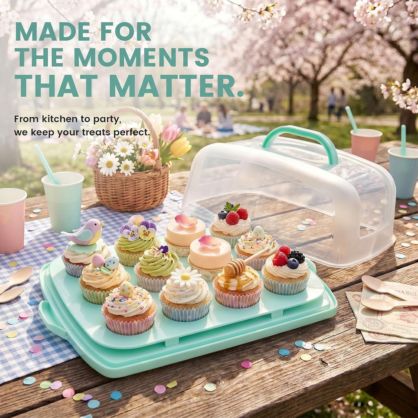 VGOODALL Cake Carrier with Lid and Handle, 12 Capacity Cupcake Holder for Muffin Pies Candies Fruits Snacks Desserts, Perfect for Sheet Cakes, Dishwasher Safe