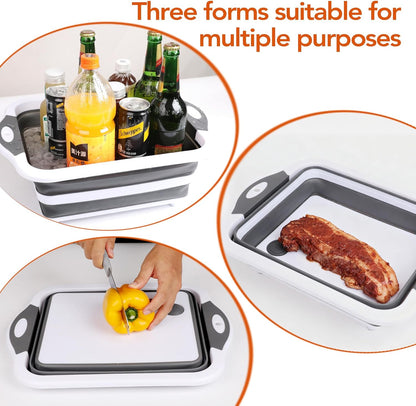 QiMH Collapsible BBQ Prep Tub, Picnic Basket with Lid Foldable Dish Basin, Washing and Draining Veggies Fruits, Food Grade Portable Cutting Board for Camping, Traveling, and Kitchen