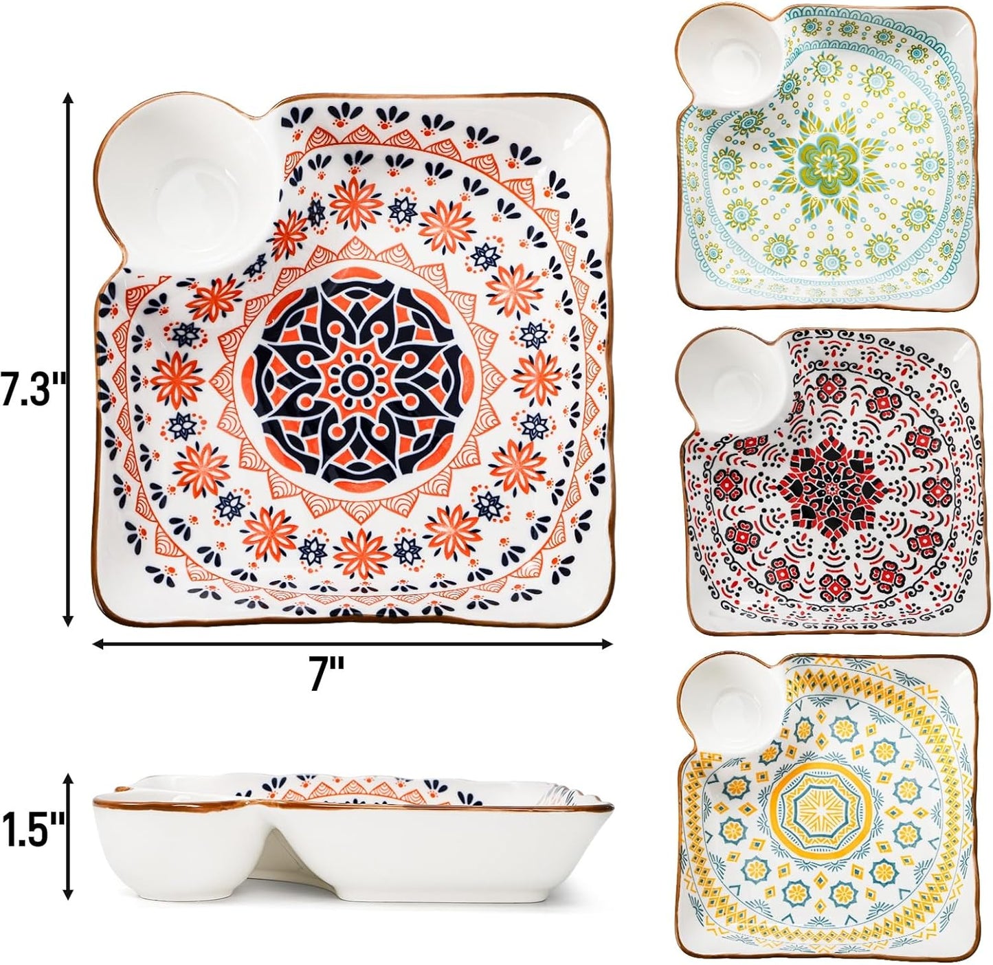 Pumtus 4 Pack Ceramic Dumpling Plates with Dipping Saucer, 7.3'' Individual Chip and Dip Serving Platter, Square Japanese Sushi Dish Tray, Colorful Serving Bowl for Appetizer Snack Fries Gyoza Taco