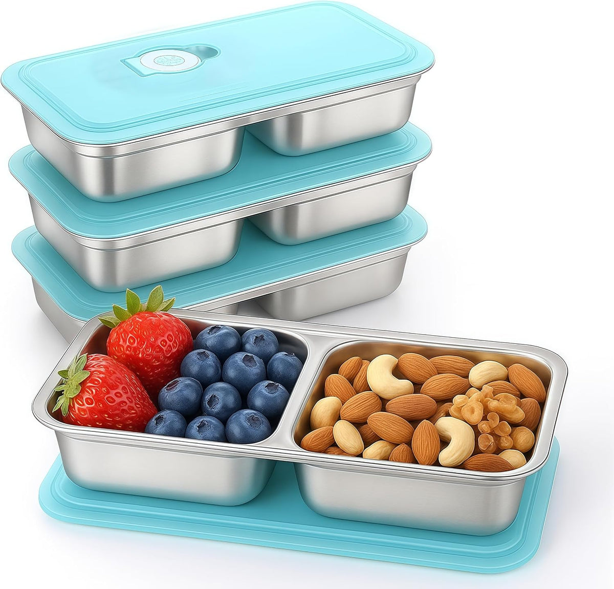 Stainless Steel Snack Containers, 6-Pack Reusable Grab and Go Containers with Lids, Dual Compartment Bento Box for Travel, Camping & Lunch Prep