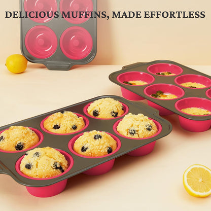 BRONYPRO Silicone Muffin Pans for Baking with Metal Frame, Egg Bite Molds, Cupcake Pans 12 Regular Size, Muffin Tins Easy to Pop Nonstick Non Toxic Bakeware for Oven,Blue