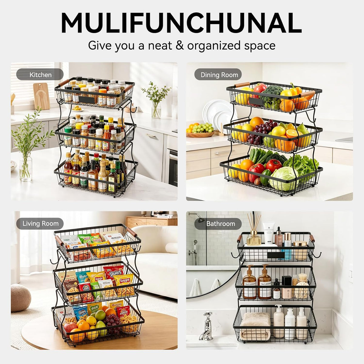 2-Tier Stackable Wire Basket with 2 Banana Hooks, Pantry Organizer for Kitchen Countertops, Cabinets & Under-Sink Spaces; Ideal for Storing Snacks, Fruits, Veggies, Onions, Potatoes, & More,Black