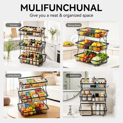 2-Tier Stackable Wire Basket with 2 Banana Hooks, Pantry Organizer for Kitchen Countertops, Cabinets & Under-Sink Spaces; Ideal for Storing Snacks, Fruits, Veggies, Onions, Potatoes, & More,Black