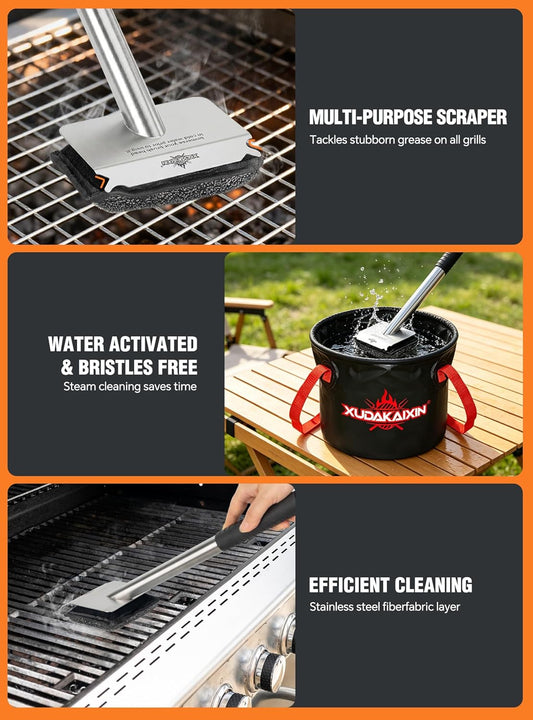 Grill Brush Bristle Free,with 5 BBQ Replacement Head, [Ultra Safe & Efficient] for Cast Iron, Stainless Steel Grates,Grill Cleaner for Outdoor Grill