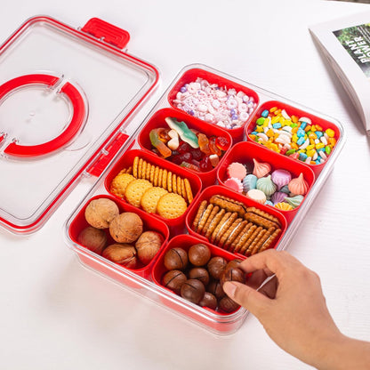 Dingerjar Divided Serving Tray with Lid and Handle - Snackle Box Charcuterie Container for Portable Snack Platters - Clear Organizer for Candy, Fruits, Nuts, Snacks - Perfect for Party, Entertaining