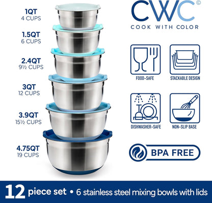 COOK WITH COLOR Stainless Steel Mixing Bowls Set with Lids - Nesting Bowls with Non-Slip Bottom, Sage, 12 Pieces