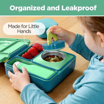 OmieBox Bento Box for Kids - Insulated Bento Lunch Box with Leak Proof Vacuum Insulated Food Jar - 3 Compartments, Two Temperature Zones (Blue Sky)