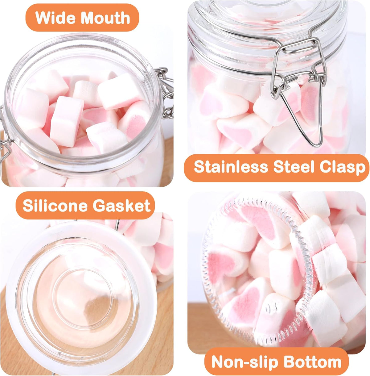Glass Containers With Lids 16 Oz Wide Mouth Airtight Jars With Locking Lids 2 Pack Food Storage Canisters For Pantry Fridge Kitchen Rubber Sealed Glass Jars For Cereal, Oats, Sugar, Flour,Nuts,Candy