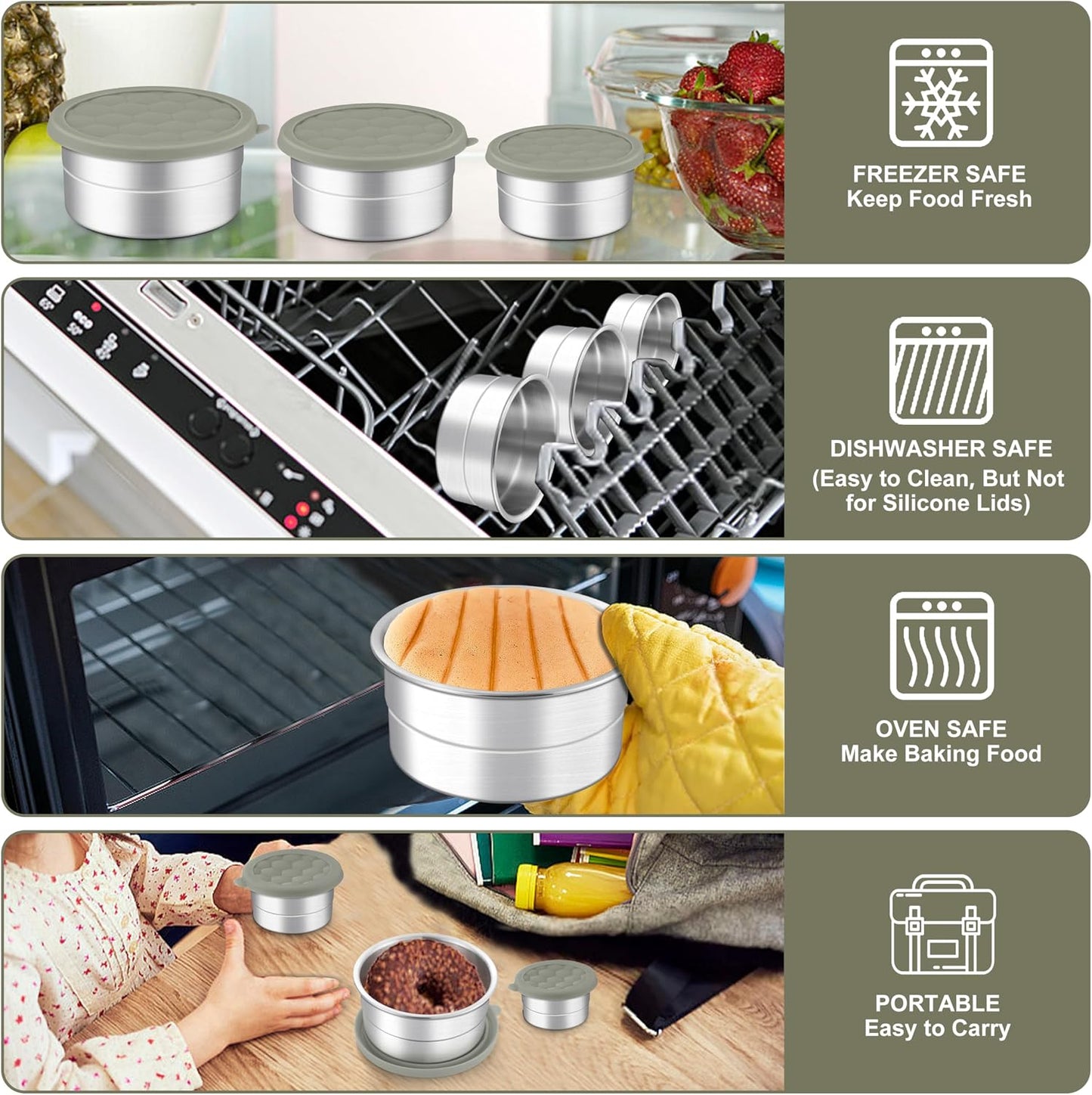 HaWare Stainless Steel Food Storage Containers with Silicone Lids, Leak-Proof Metal Snack Container, Round Lunch Box for Kids Adults, Stackable & Reusable Meal Prep Containers, Set of 3, Multicolor