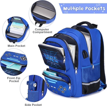 ACESAK Game luminous Boys Backpack - Bento Box with Insulated Lunch Bag Pencil Case, Utensils Set for Kids, 6 Leakproof Compartments Removable Tray Lunches or Snack Container (Blue)