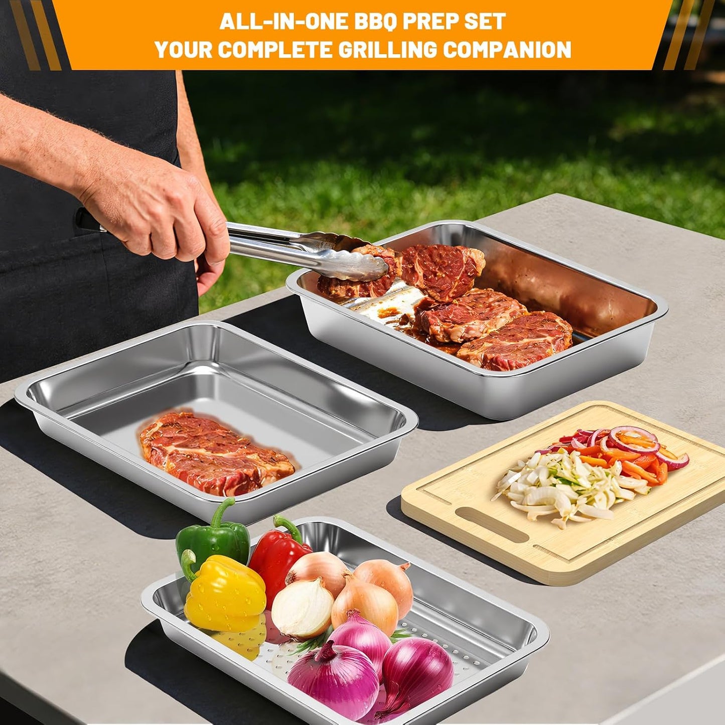 5pcs Grill Prep Trays Sets, Stainless Steel Grilling Prep and Serve Tray, Marinade Container with Lid, Thawing Board, Cutting Board, BBQ Grill Accessories, Grilling Gifts for Mens