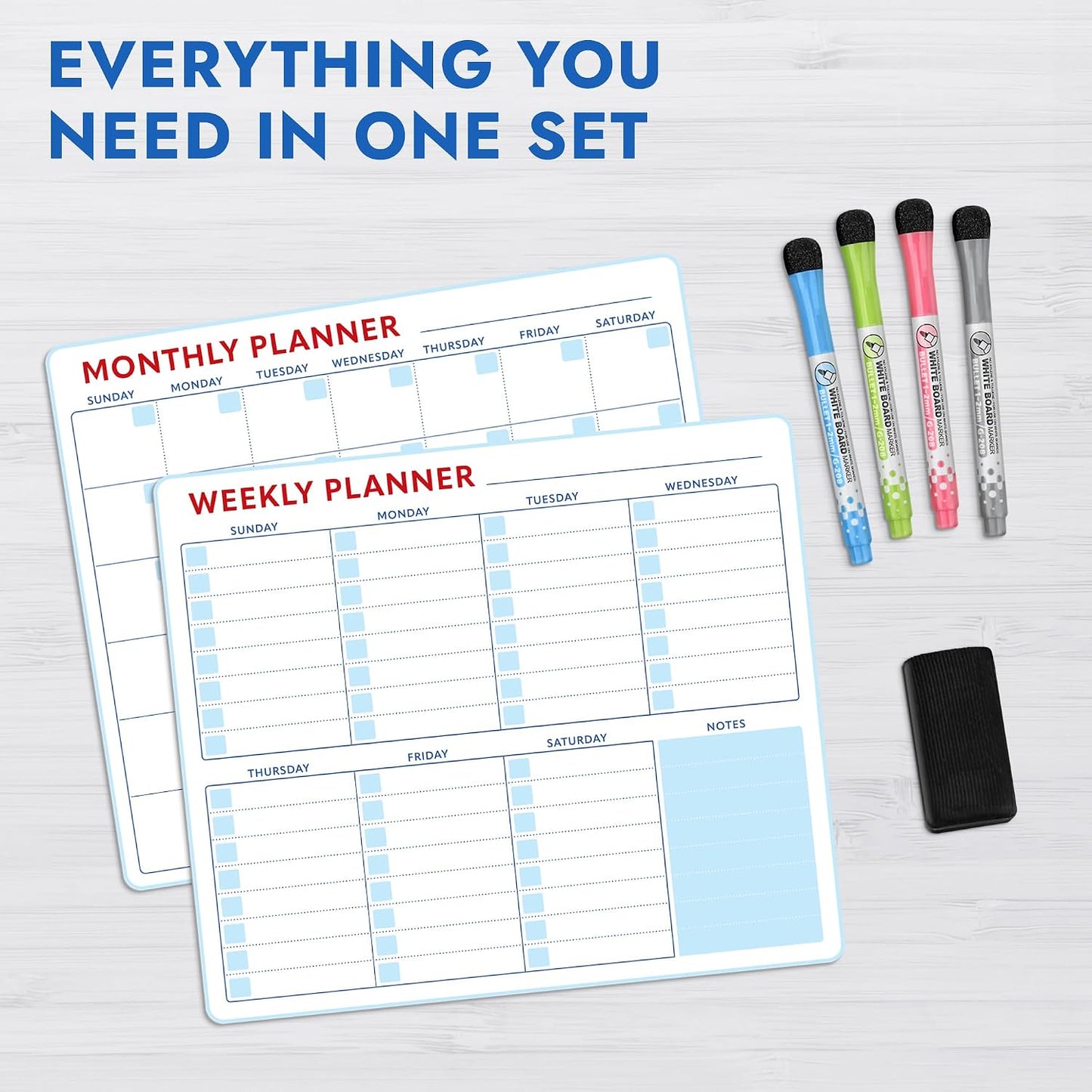 Magnetic Whiteboard Calendar for Fridge – 2-Pack Monthly & Weekly Planners (14”x12”) – Dry Erase Boards with Notes Section, Shaded Dates – Includes 4 Markers & Magnetic Eraser