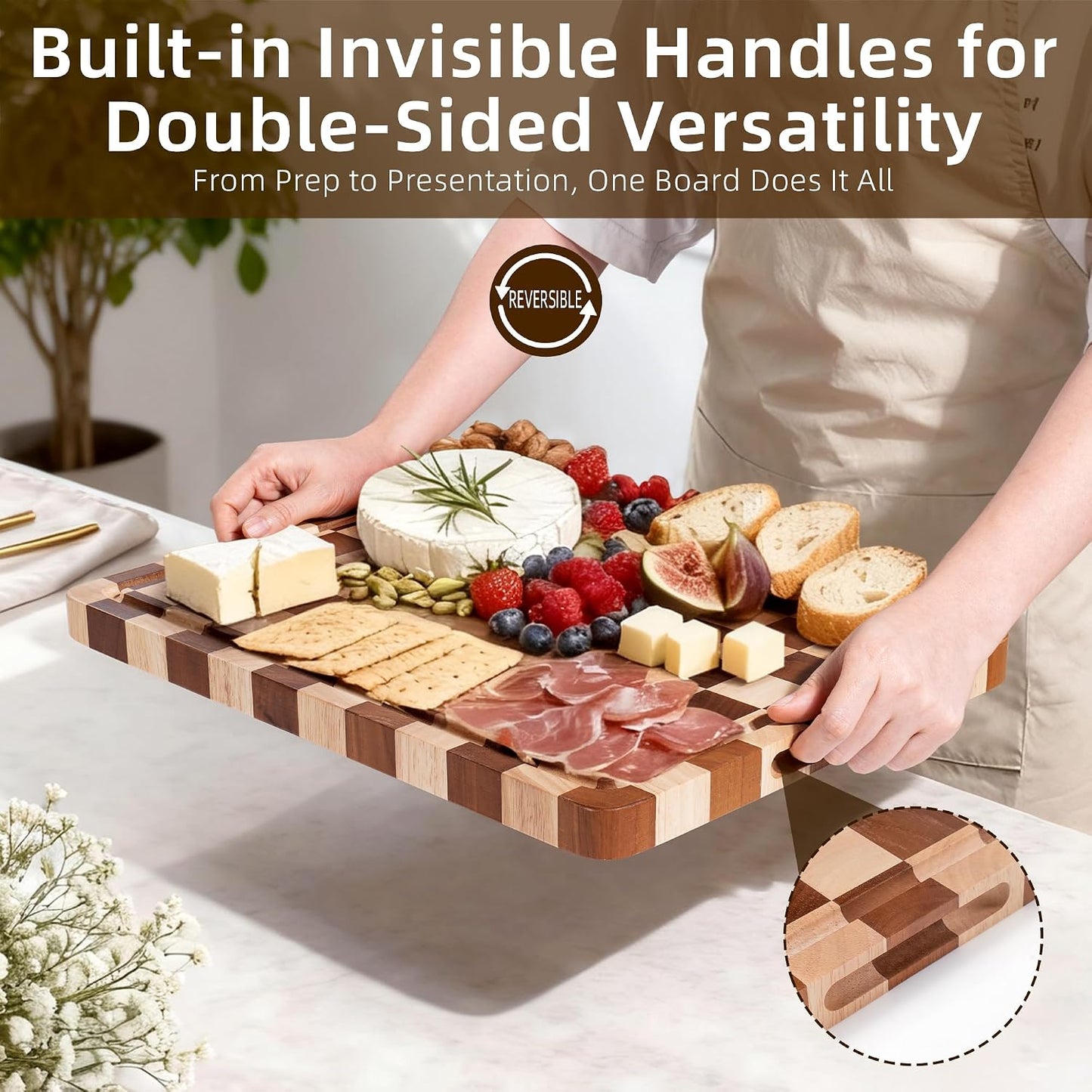 Checkered Cutting Board Set for Kitchen - 3 PCS Solid Wood End Grain Checkerboard Chopping Board with Holder & Juice Groove, Wooden Cutting Boards for Meat, Vegetables, Fruits (S, M, L)