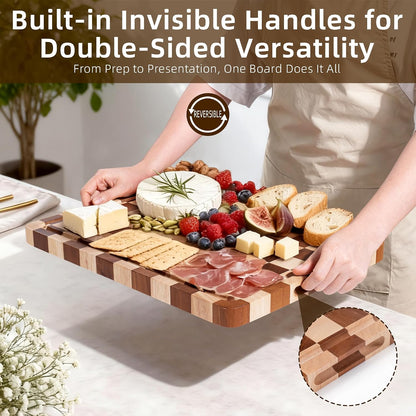 Checkered Cutting Board Set for Kitchen - 3 PCS Solid Wood End Grain Checkerboard Chopping Board with Holder & Juice Groove, Wooden Cutting Boards for Meat, Vegetables, Fruits (S, M, L)