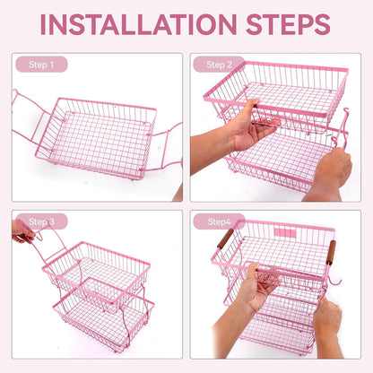2-Tier Stackable Wire Basket with 2 Banana Hooks, Pantry Organizer for Kitchen Countertops, Cabinets & Under-Sink Spaces; Ideal for Storing Snacks, Fruits, Veggies, Onions, Potatoes, & More,Black