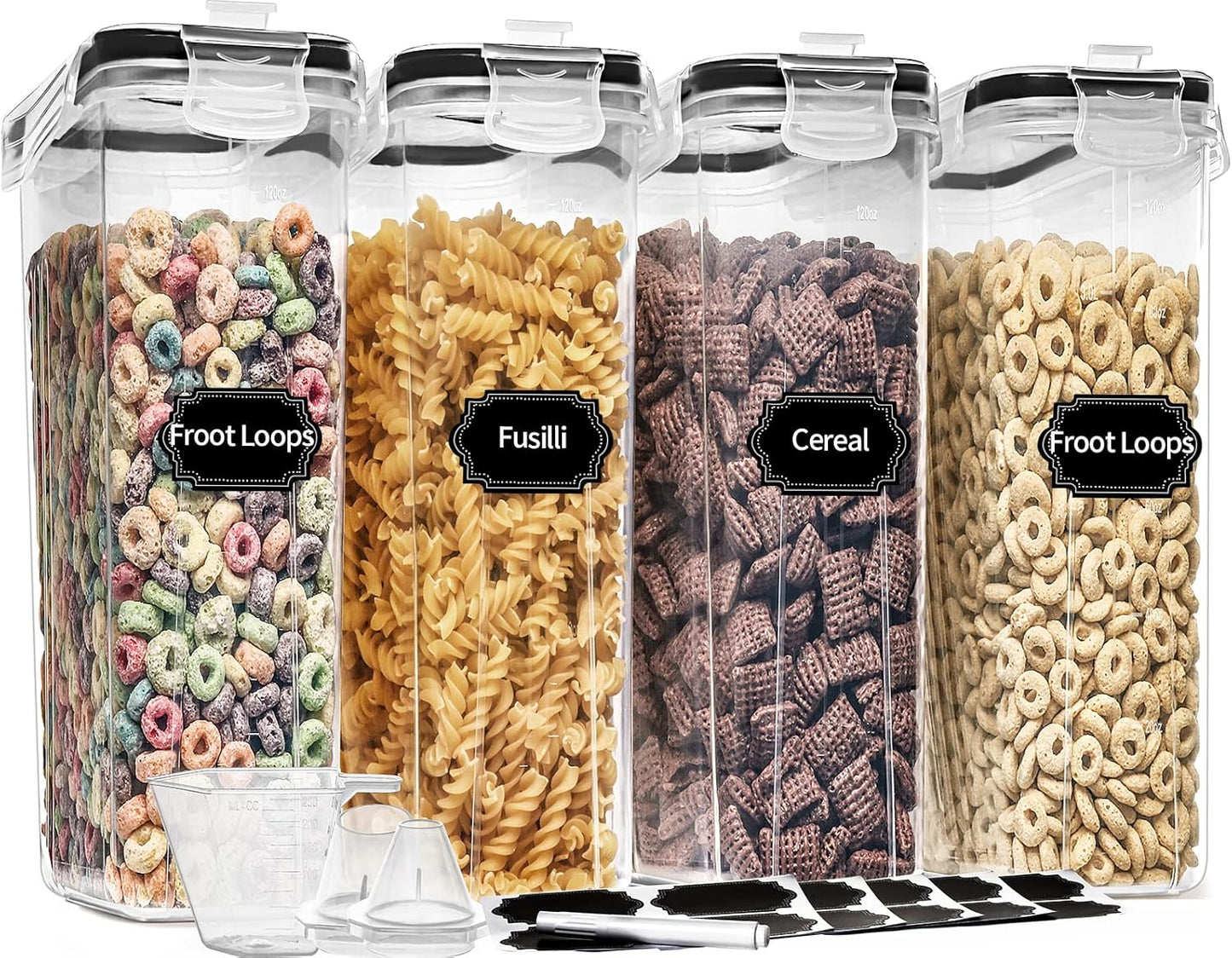 PRAKI Cereal Containers Storage Set (4L,135.2 Oz), 8PCS Airtight Food Storage Containers with Lids for Kitchen & Pantry Organizers and Storage, Cereal Dispensers with 20 labels, Measuring Cup & Marker