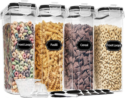PRAKI Large Dry Food Storage Containers with Lids, 6PCS Airtight Cereal Containers Storage Set, Leak-proof Canister Set for Kitchen Pantry Organization with 20 Labels & Marker (4L Black)