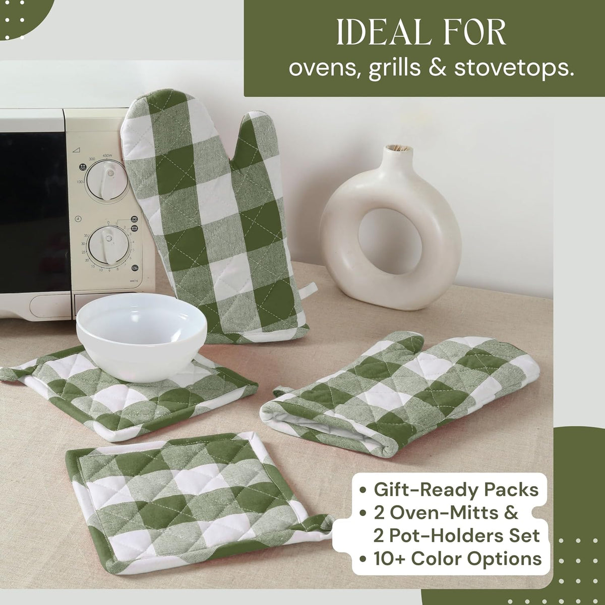 Oven Mitt (7"x13") & Pot Holder (8"x8") 100% Cotton Set of Heat Resistant Oven Gloves & Hot Pads for Gifts, BBQ, Cooking, Baking, Thanksgiving - Mustard Yellow
