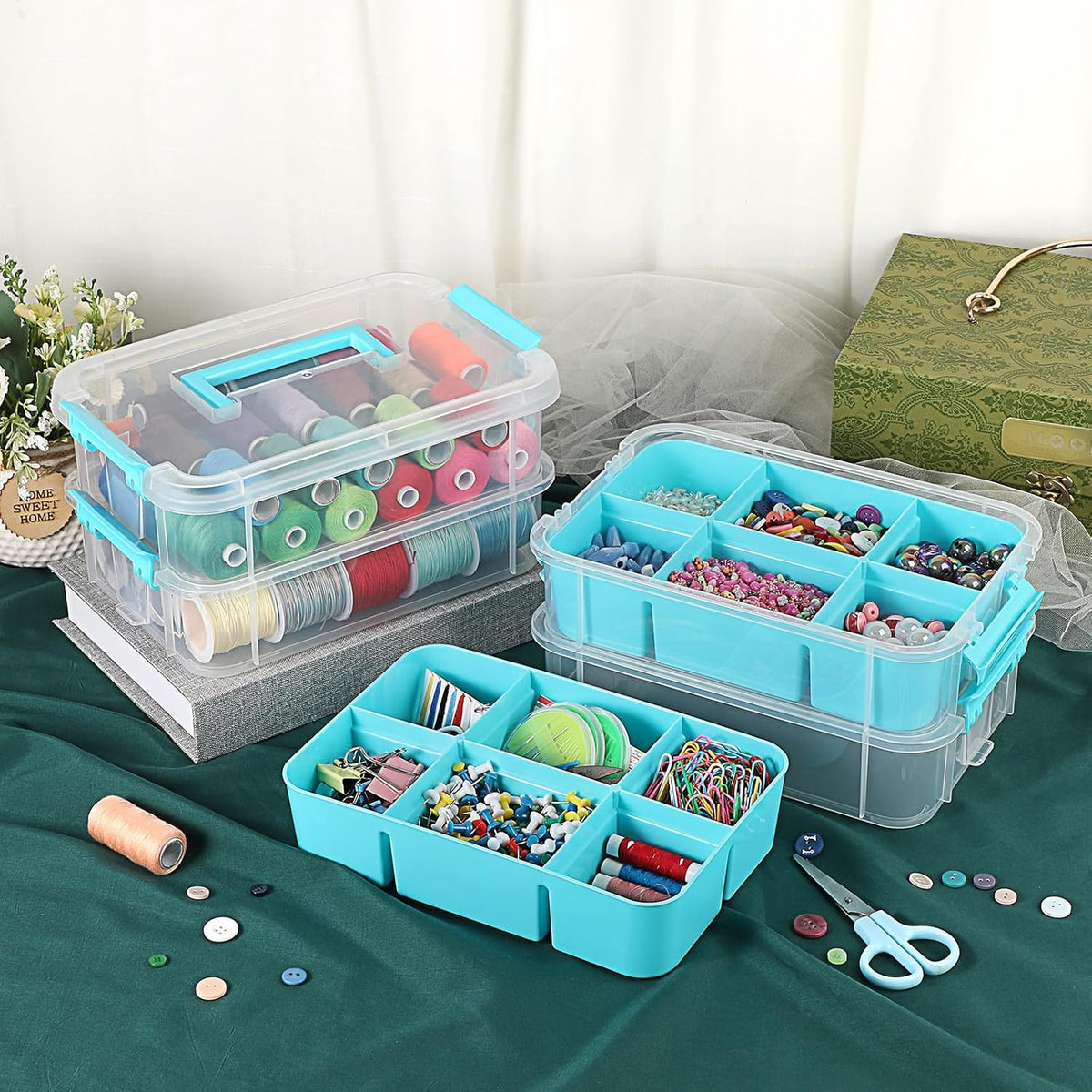 JUXYES 4-Tiers Plastic Stack Carry Storage Containers Box wih Handle Lids | Clear Stackable Latching Storage Bin With 2 Tray for School Office, Organizing Sewing, Art Craft, DIY Supplies, Blue