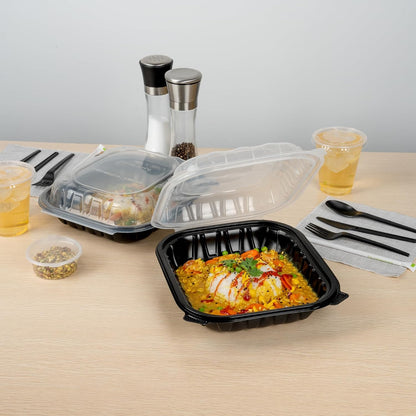 Thermo Tek 40 Ounce Clamshell Containers, 50 Disposable Take Out Boxes - 3 Compartments, Ventilated Lids, Black Plastic Meal Prep Containers, Microwavable, For Pasta Or Salads - Restaurantware