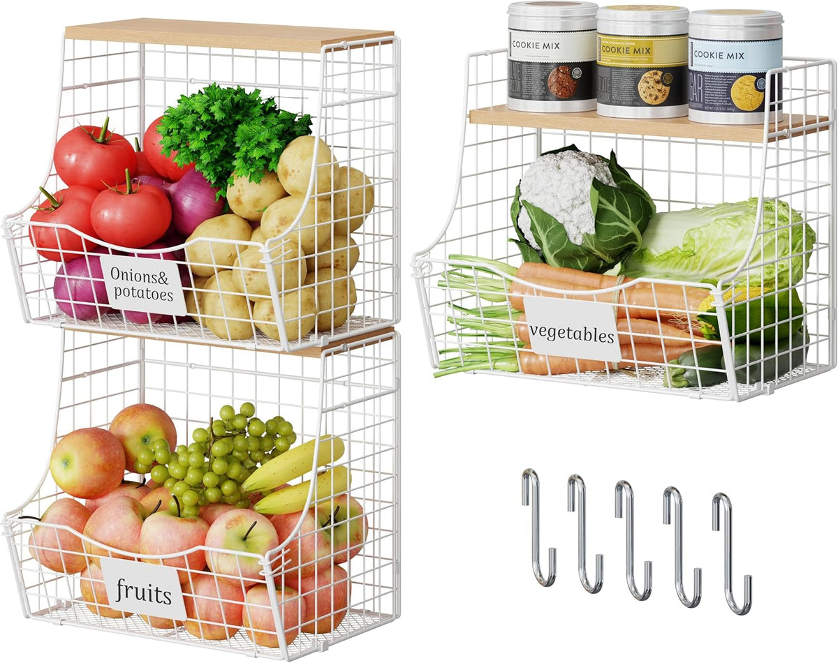 3 Pack Extra Large Fruit Basket for Kitchen with Wood Lid Nameplate - Counter&Wall Mounted Onion and Potato Storage Bin, Stackable Metal Hanging Wire Baskets,15.74 * 8.66 * 10.63 inch